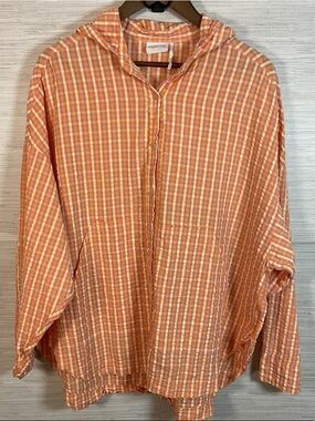 Urban Outfitters Mara Hooded Button Down Shirt Orange Cream  Gingham Medium UO